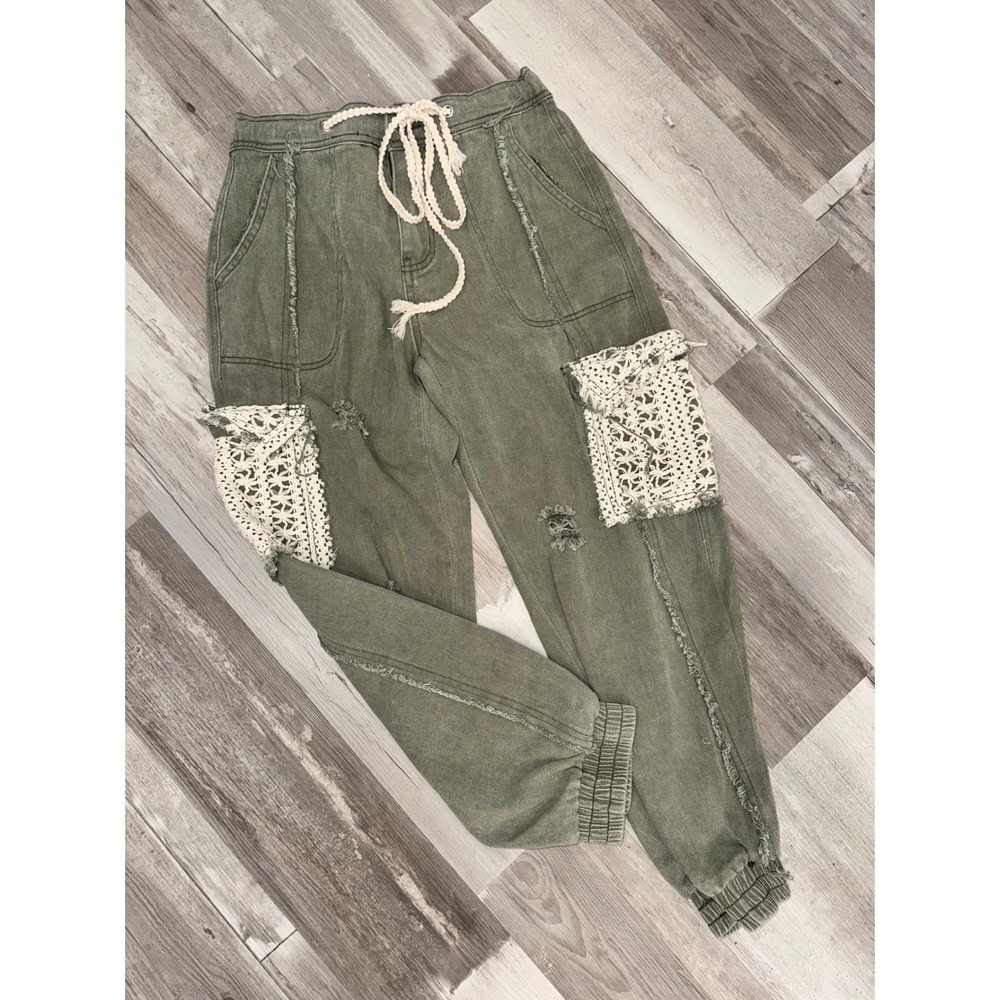 POL Cargo Joggers Women Olive Green Crochet Lace Distressed Pants Small SMP494